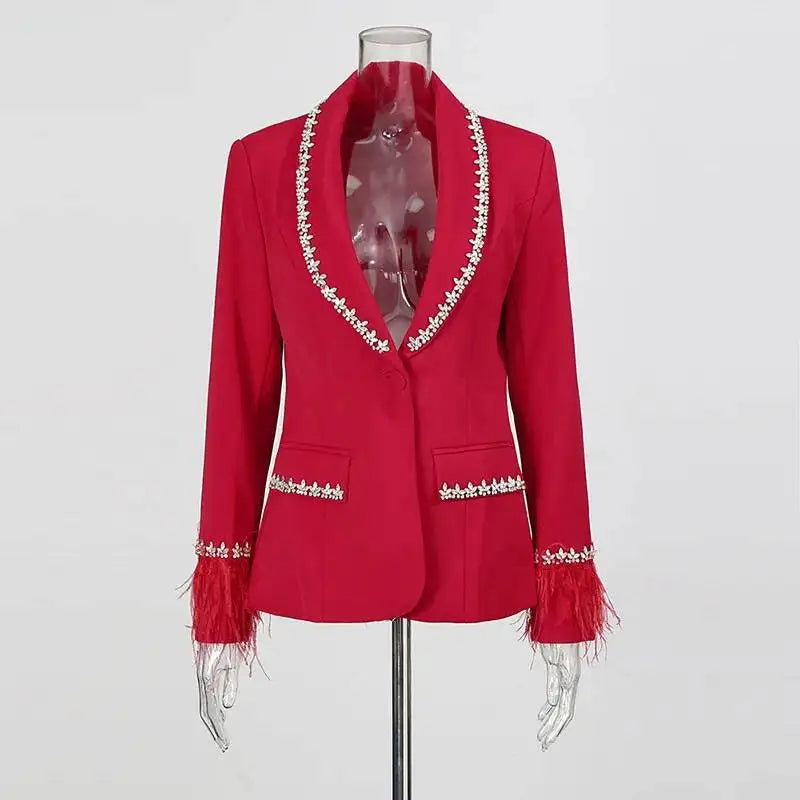 Women Blazer Studded Diamonds Patchwork Cuff Feather Single Button Slim Fit Elegant Jacket High-End Coat New Spring HK11098