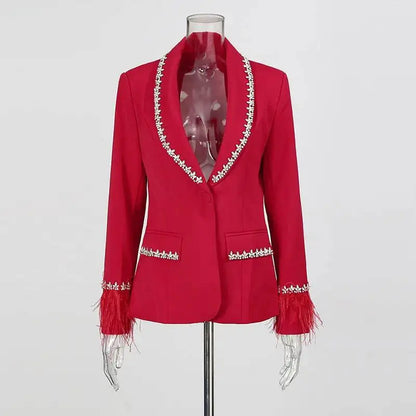 Women Blazer Studded Diamonds Patchwork Cuff Feather Single Button Slim Fit Elegant Jacket High-End Coat New Spring HK11098