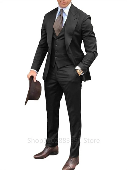 3-Piece Men's Slim Fit Suit with Peak Lapel for Wedding and Business in Gray, Black & Burgundy