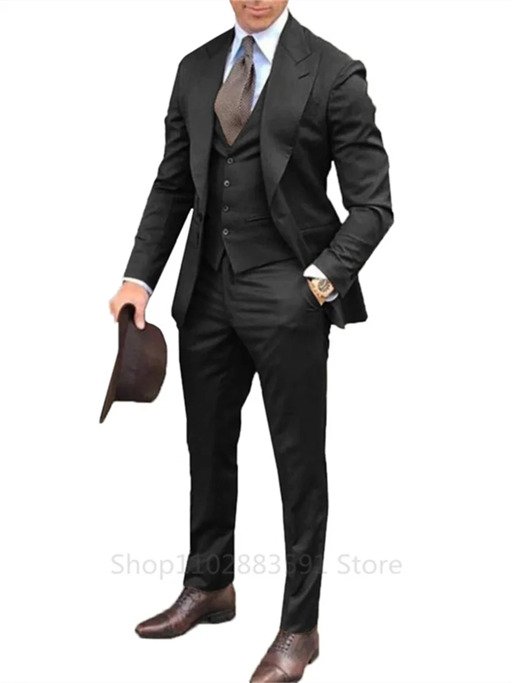 3-Piece Men's Slim Fit Suit with Peak Lapel for Wedding and Business in Gray, Black & Burgundy