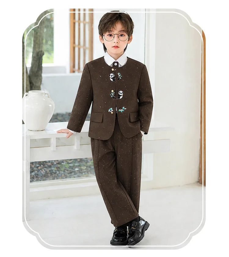 90-160 Kids New Chinese Tang Suit Hanfu Embroidery Suit Flower Boys Host Recitation Performance Costume