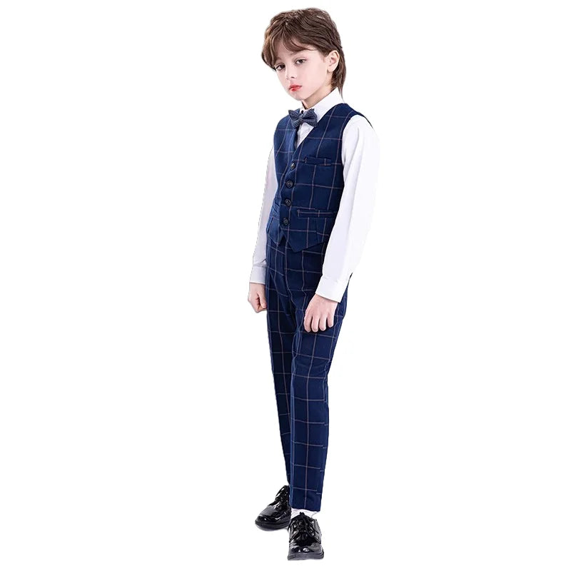 Kids Formal Blue Plaid Blazer Set For Wedding Birthday Boys Jacket Vest Pants Bowtie 4Pieces Suit Set for Piano Host Performance