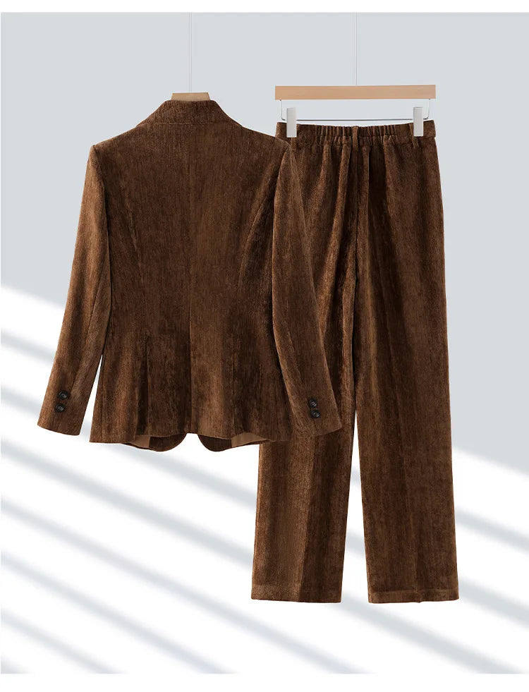2024 Autumn New Corduroy Elegant Pant Suit Ladies Formal Business Work Wear 2 Piece Set Black Coffee Jacket Blazer And Trouser