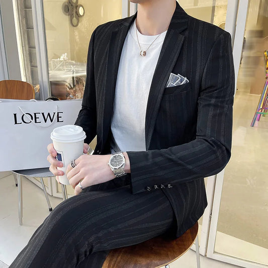 Men's Two-Piece Suit Set – Slim Fit Smart Casual Wedding & Business Style in Black & Dark Grey