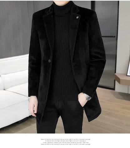High-quality winter new style mid-length solid color men's fashionable and cool golden mink woolen trench coat with cotton