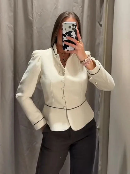 2026 Women Spring Elegant Single Breasted Stand Collar Long Sleeves Short Coat Woman Fashion Casual Beige Tweed Blazer Jacket