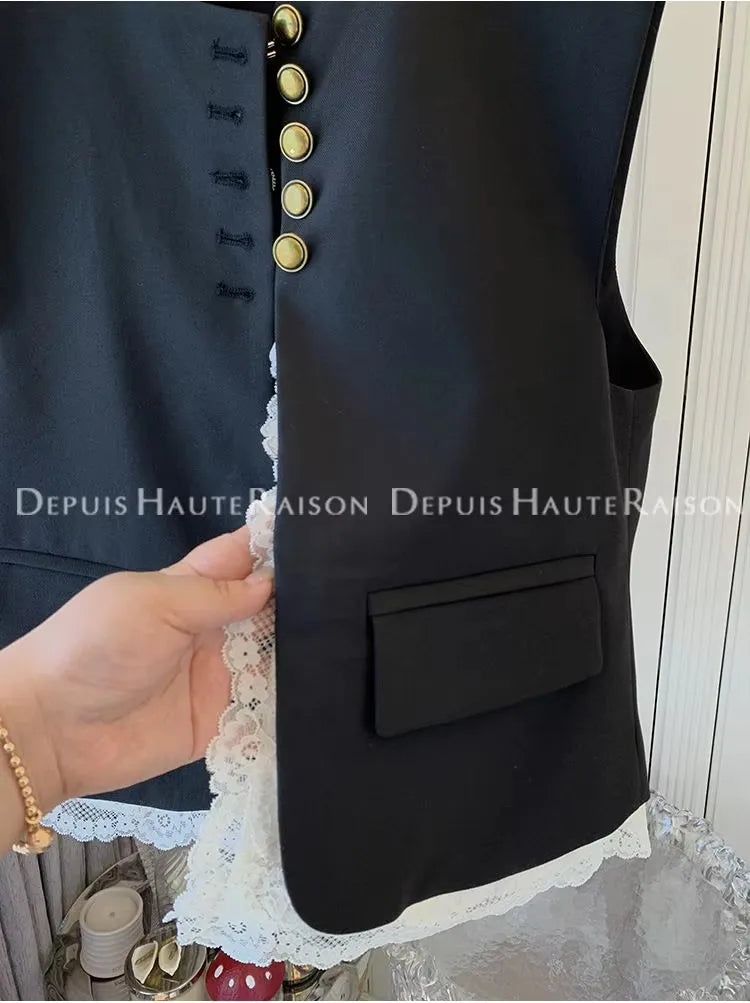 Fashion Loose Lace Patchwork Fake Two-piece Suit Vest Jacket Women's Korean  Spring  Autumn Sleeveless Top