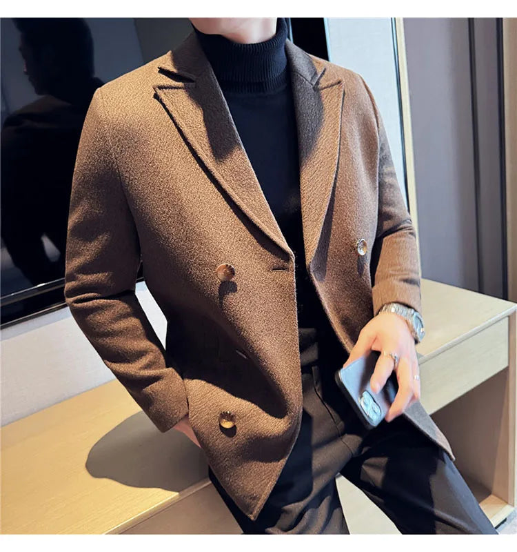British Style Winter Double Breasted Woolen Suit Jackets Men Thick Warm Wedding Business Blazers Solid Color Casual Dress Coat