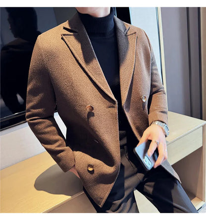 British Style Winter Double Breasted Woolen Suit Jackets Men Thick Warm Wedding Business Blazers Solid Color Casual Dress Coat
