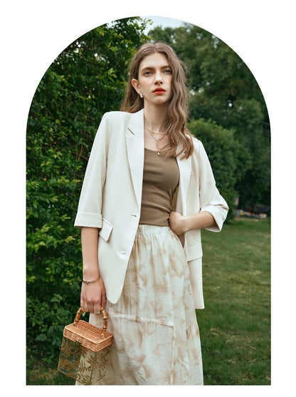Formal Style Womens Blazers 2026 Spring Office Wear Solid Notched Collar Three Quarter Sleeve Outercoat G24CW89889