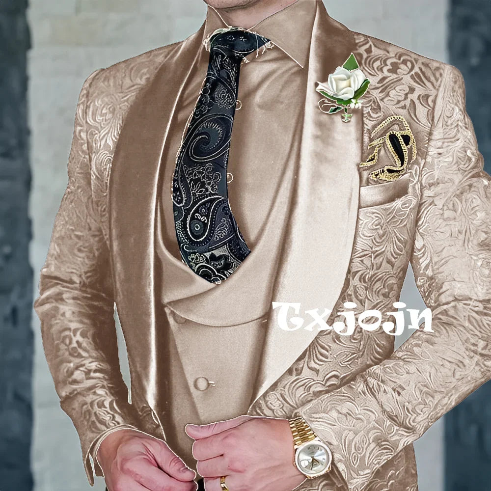Exquisite jacquard Men's 3-piece Suits Wedding Groom Sets Handsome Shawl Lapel Suit Set Dancing Wear Formal Tuxedo For Business
