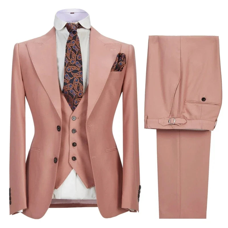 Men Suit 3 Pieces Beige Solid With Lapel Business Casual For Wedding Banquet Work Tuxedo Set Jacket Vest With Pants