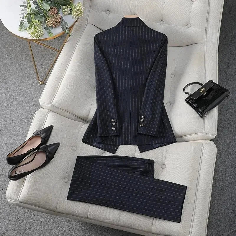 Fashion Autumn Winter Ladies Pant Suit Women Blue Striped Female Business Work Wear Jacket Blazer and Trouser Formal 2 Piece Set