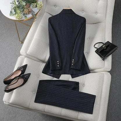Fashion Autumn Winter Ladies Pant Suit Women Blue Striped Female Business Work Wear Jacket Blazer and Trouser Formal 2 Piece Set