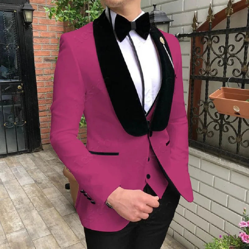 Fashion Men's Suit 3 Pieces Slim Fit Prom Tuxedos Tweed Shawl Lapel Wedding Grooms Blazer Vest Pants Wholesale