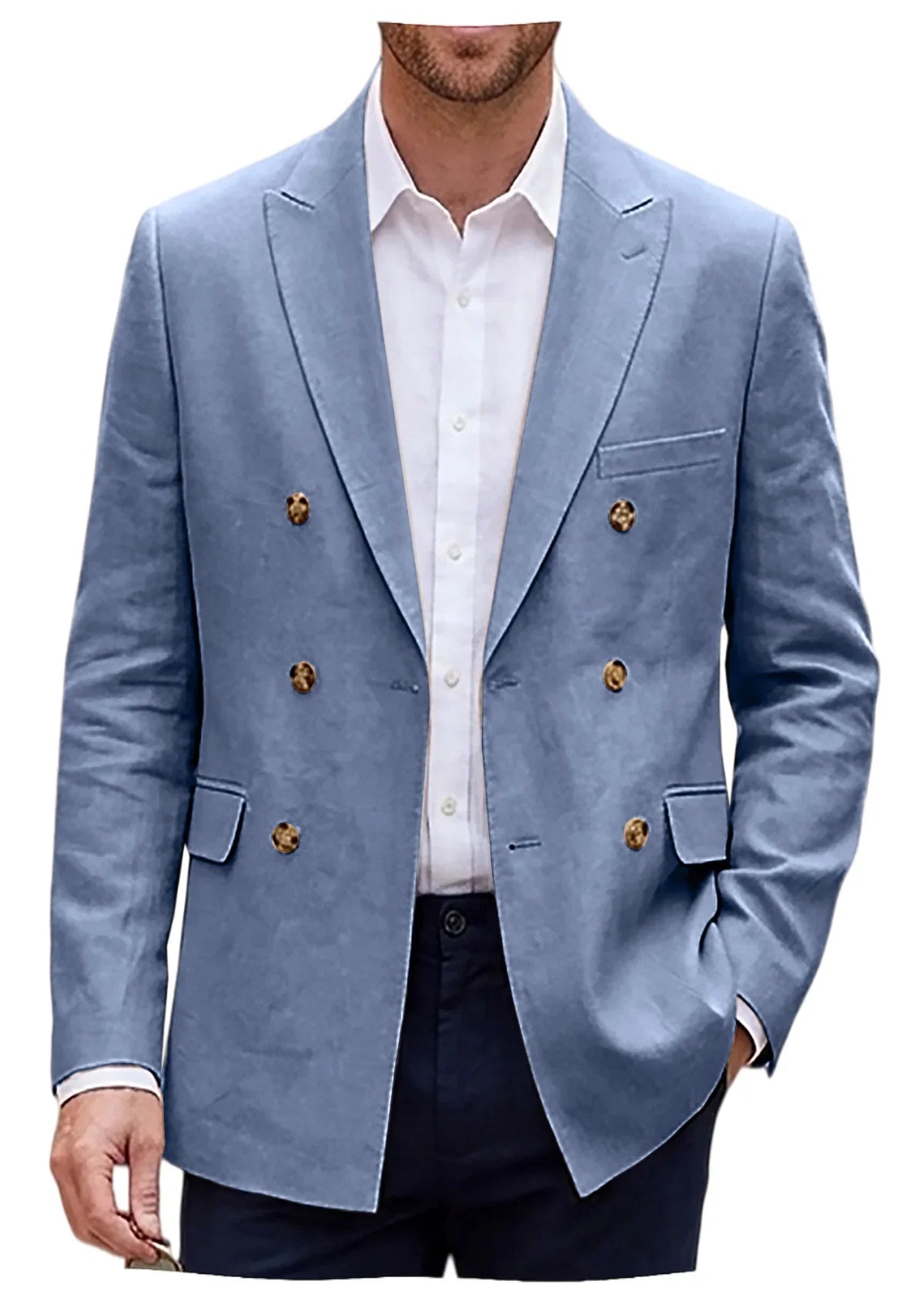 Men's Linen Blazer Notch Lapel Double Breasted Loose Fit Jacket Breathable Lightweight Business Outerwear Coat for Spring Summer