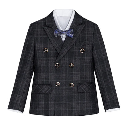 kids Gray Plaid Suit Set Flower Boys Wedding Outfit Children's 4Pieces Formal Wear With Jacket Vest Pants Bowtie