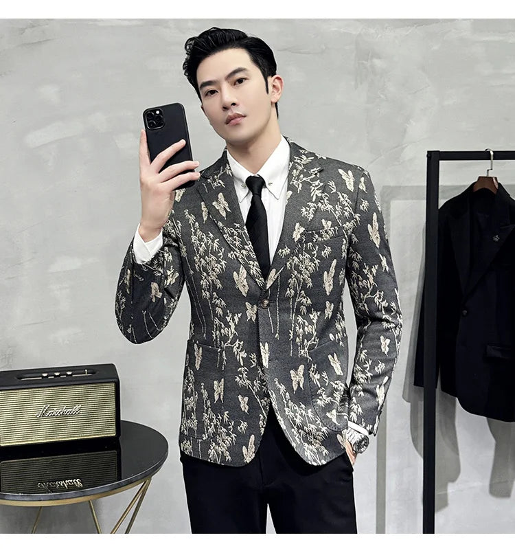 High-end Luxury Printed Slim Fit Suit Jacket For Men 2024 Autumn New Fashion Social Party Casual Suit Coat Swallowtail 4XL-M