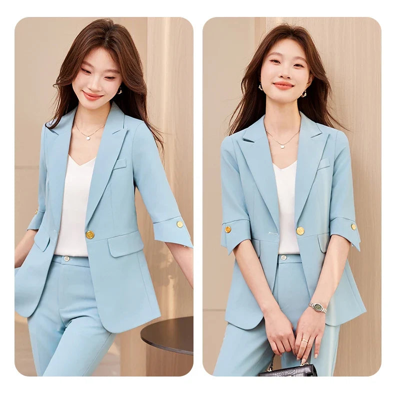 Fashionable professional women's wear, mid-sleeve suit jacket + pant. Exquisite elegant, new style for spring summer 2026