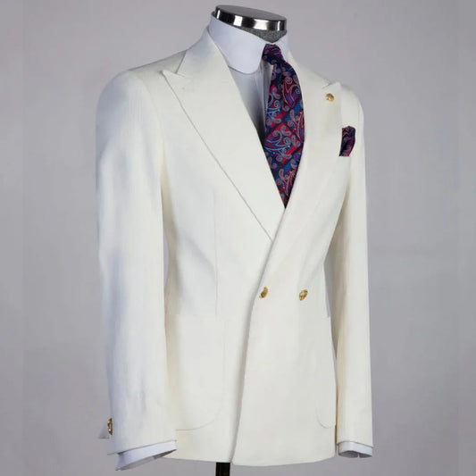 Men Suit 2 Piece Ivory Solid With Lapel Double Button For Wedding Business Banquet Party Work Daily Jacket And Pants