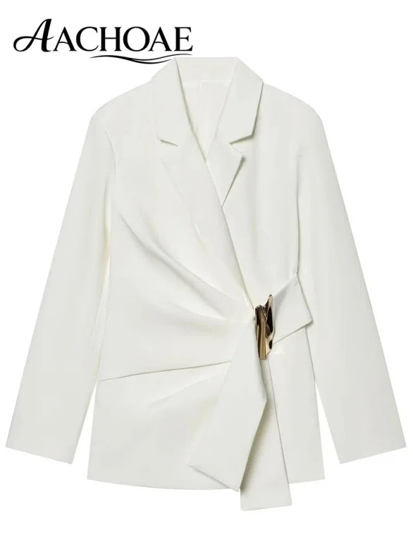 Women Asymmetric Buckle Blazer Elegant Wrap Suit Jacket Slim Waist Tailored Office Lady Workwear Fashion Blazer Coat