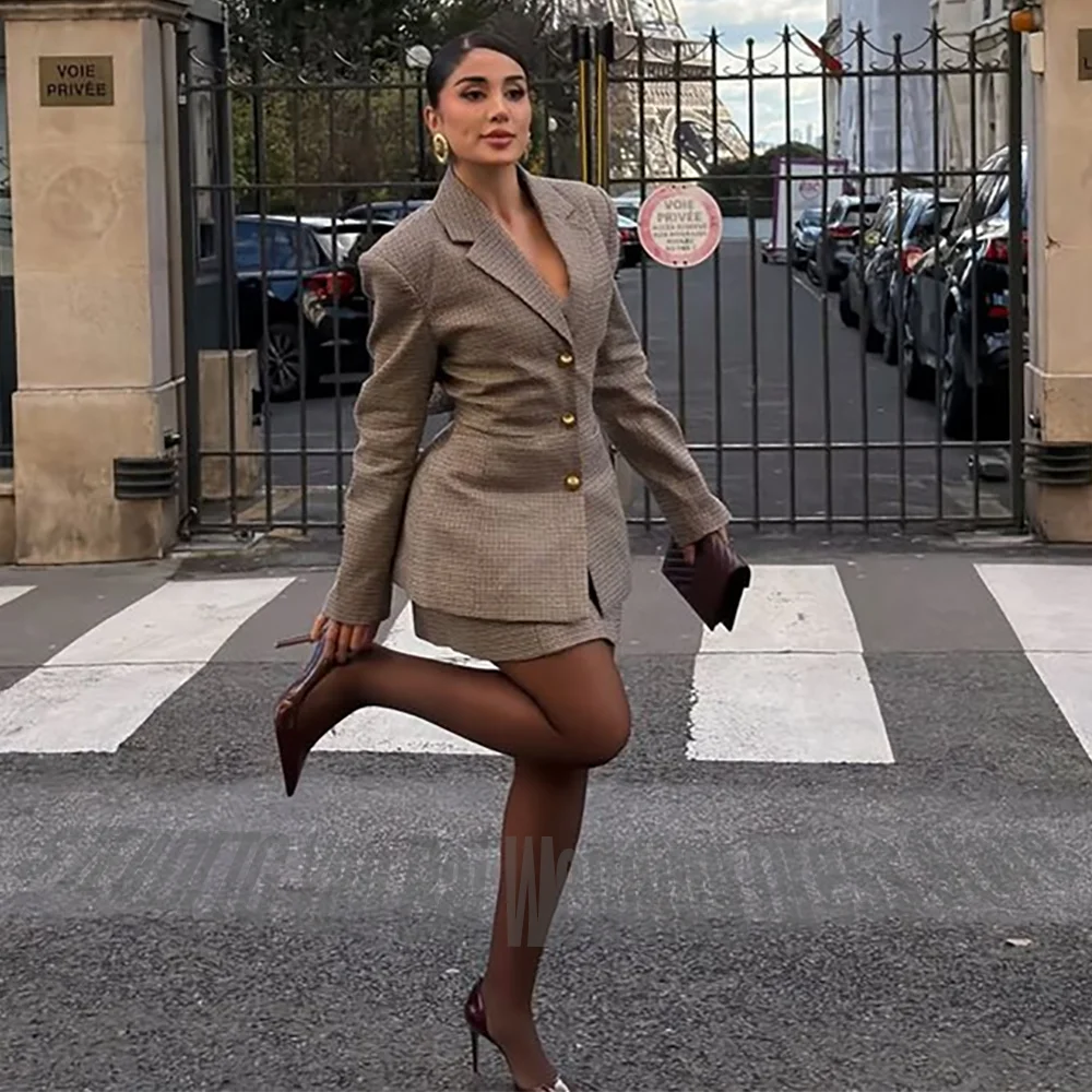 Fashion Women's Mini Skirt Suit Set Notch Lapel Single Breasted Waist Cinching 2 Piece Outfit Elegant Vintage Formal Wear