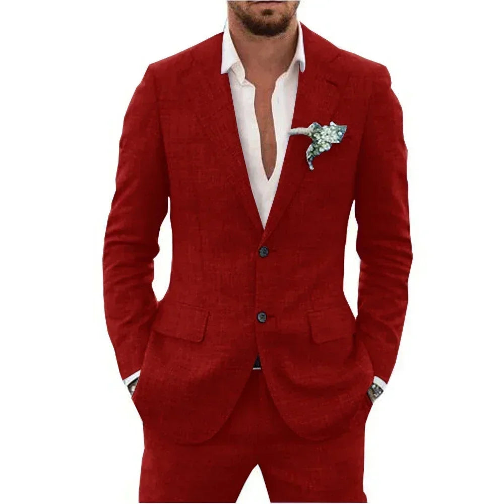 Terno de linho casual masculino, 2 peças, blazer, calça, conjunto slim fit, verão, praia, festa, casamento, baile, noivo, smokin