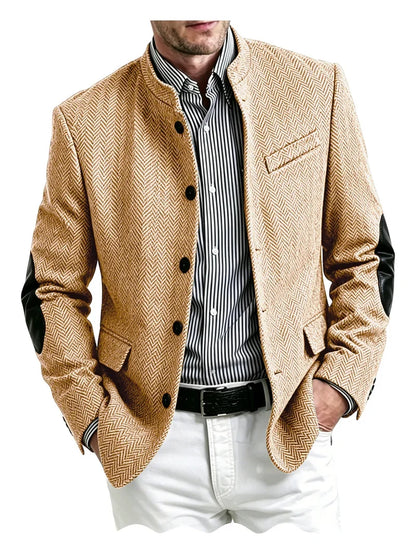 Men's Herringbone Tweed Blazer With Elbow Patches Retro Stand Collar Jacket Slim Fit Daily Party Business Casual Sport Coat ﻿