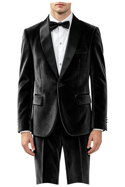 Men's Velvet 2-Piece Tuxedo Suit Satin Shawl Lapel Slim Fit Blazer & Pants for Wedding, Prom & Banquet