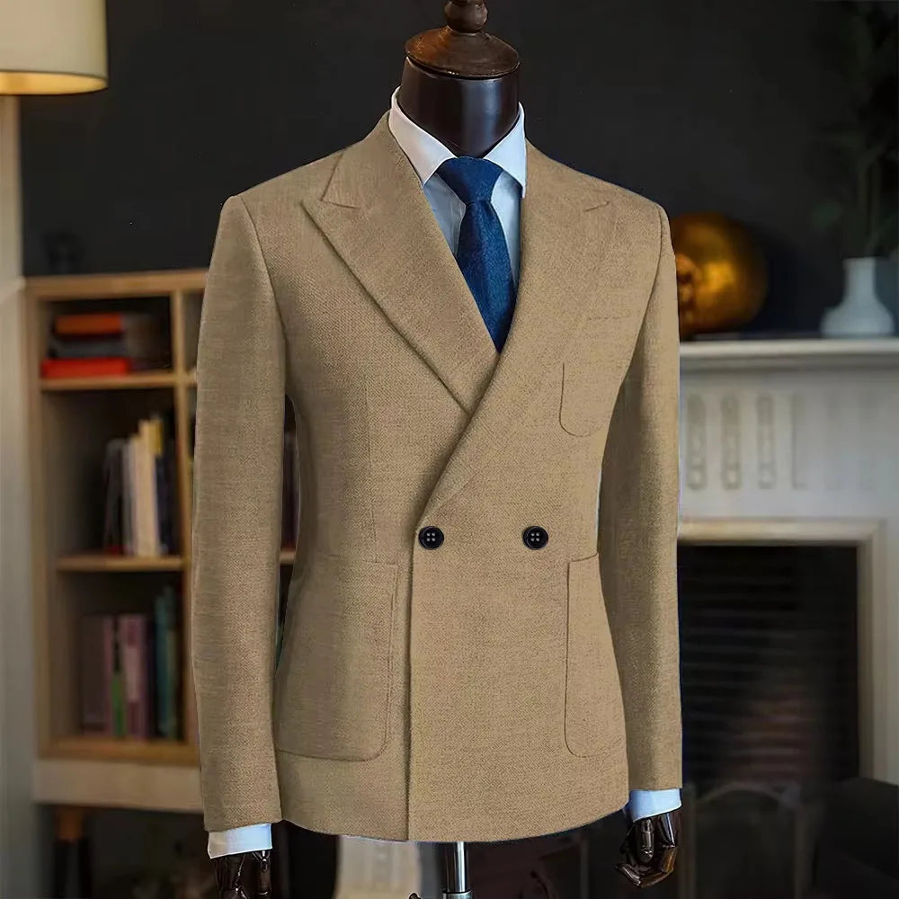 Classic Men Linen Blend Suit Blazer Double Breasted Peak Lapel Man Formal Jacket  Business Slim Fit Lightweight Coat For Wedding