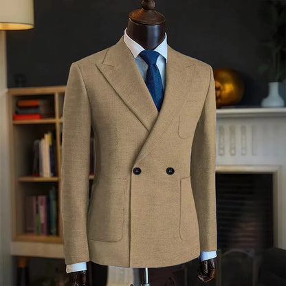Classic Men Linen Blend Suit Blazer Double Breasted Peak Lapel Man Formal Jacket  Business Slim Fit Lightweight Coat For Wedding