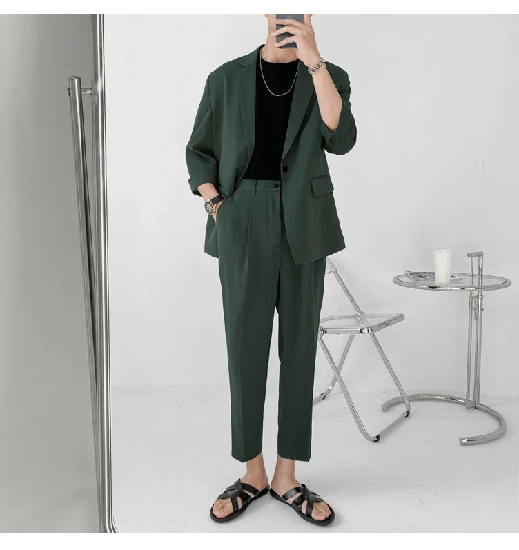 2022 Fashion Summer 2-piece Set Solid Color Single-breasted Casual Simple Student Wear Homme Loose Suits Wear (Blazers + Pants)