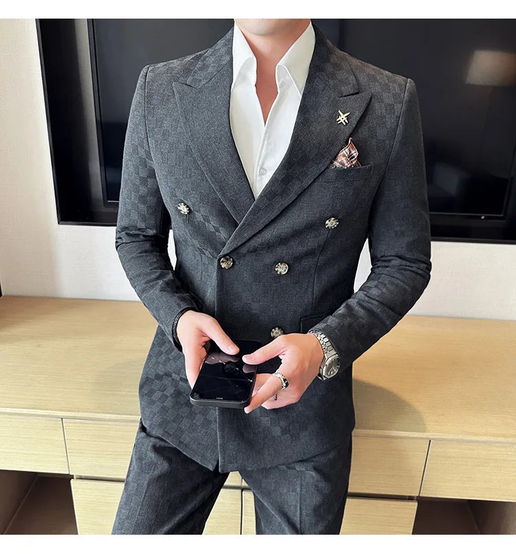 (Jacket+Pants)Luxury Checkered Double Breasted Suit  2 Pieces Fashion Business Slim Fit Social   Formal Suit Evening Dress 5XL-M