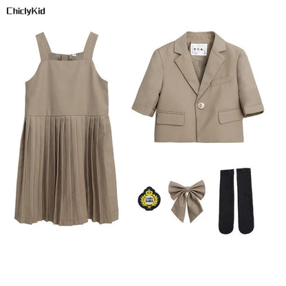 Child School Uniform Girls Korean Jacket Pleated Dress Summer Outfits Boys Blazer Formal Suits Shorts Kids Student Clothes Sets