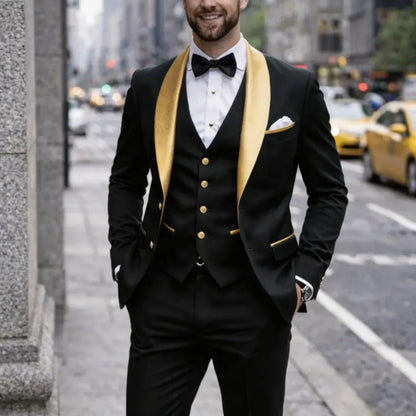 Men Suit Dark Green 3 Piece With Gold Lapel Single Button For Wedding Birthday Banquet Party Business Work Jacket Vest Pants