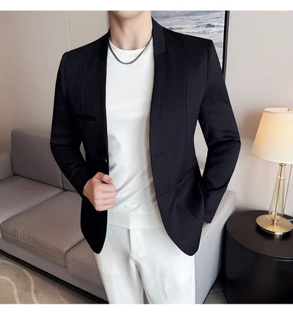 Chinese Style Collarless Suit Jacket Men Fashion Slim Fit Versatile Blazers Male Casual Business Wedding Groom Dress Jacket 2025
