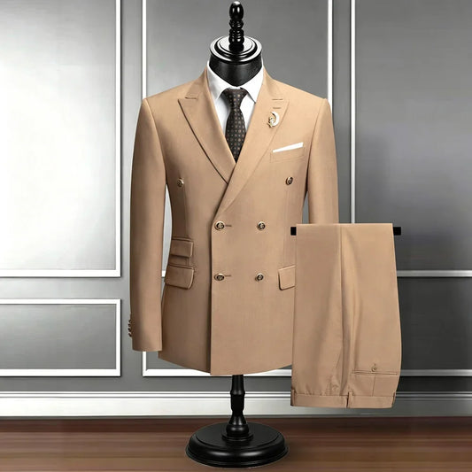 Plus Size Men's Suit Peak Lapel Double-breasted Blazer Jacket Straight Pant 2 Piece Set Wedding Business Professional Outware