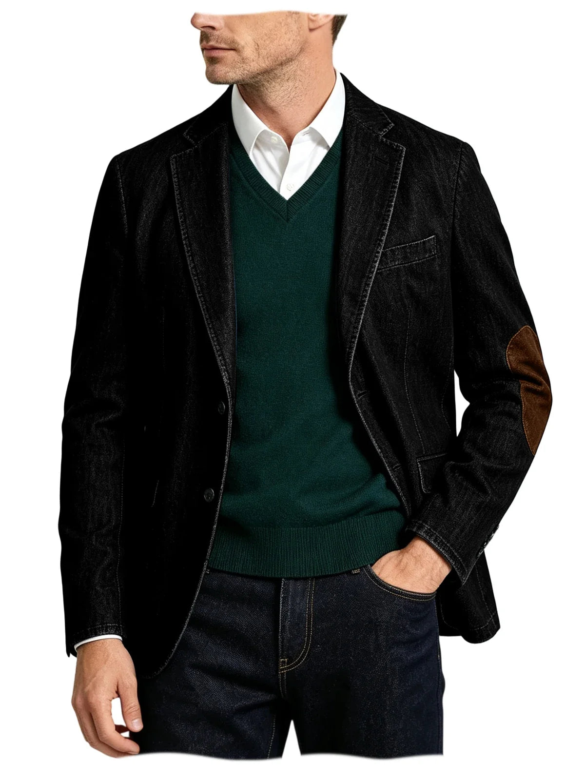 Men's Denim Blazer Suit with Suede Elbow Patches – Slim Fit, Casual & Business Wear