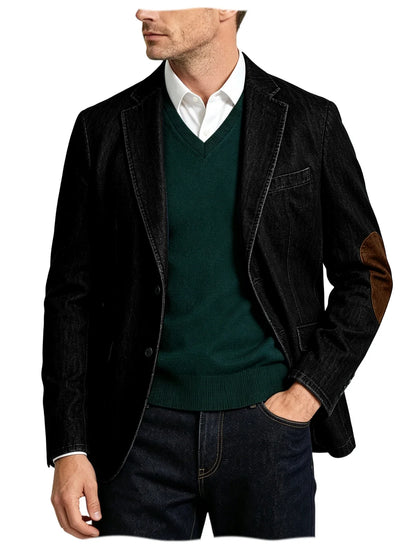 Men's Denim Blazer Suit with Suede Elbow Patches – Slim Fit, Casual & Business Wear