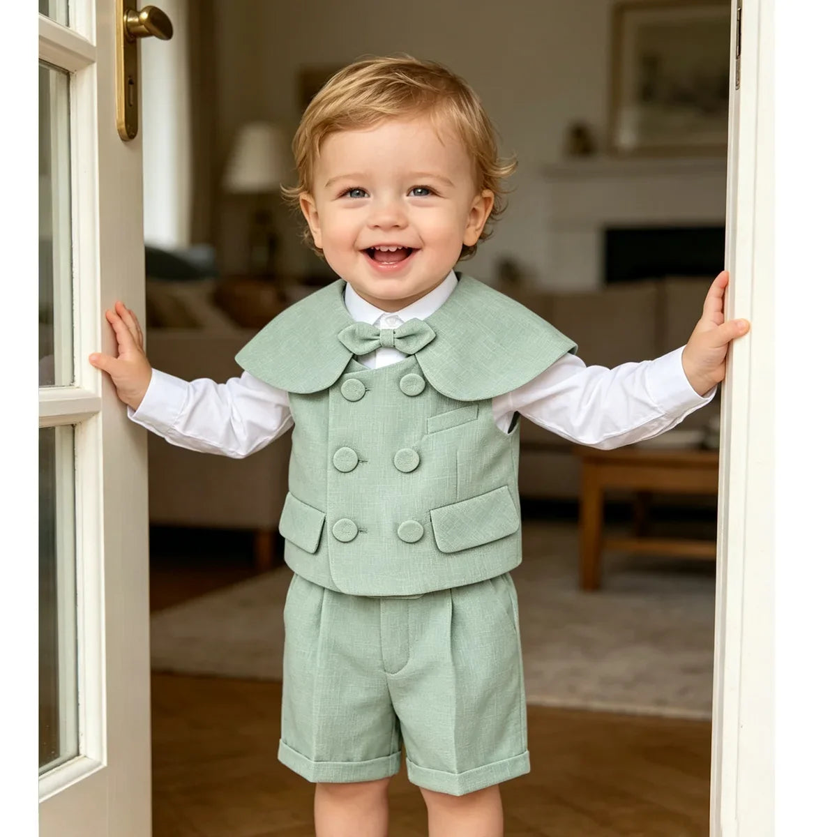 6Pcs Toddler Baby Boy Suit Light Green Waistcoat Shorts Bow Shawl Hat Kids Gentleman Outfit For Birthday Wedding Photo Shoot
