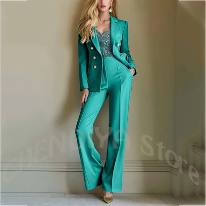 Solid Color Suit For Women High Quality Double Breasted Two Piece Notch Lapel Slim Fit Elegant Fashion Female Outfit Jacket Pant