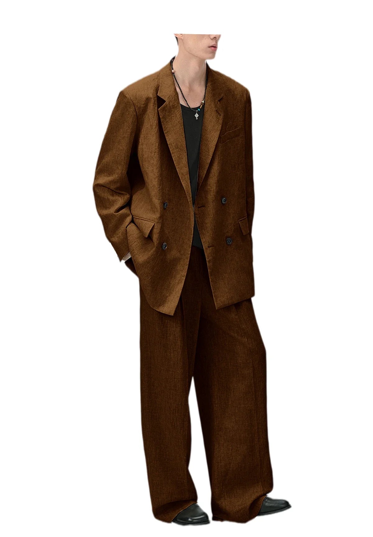 Men's Linen Double Breasted Suit – Slim Fit 2-Piece Blazer & Straight Leg Pants for Summer Weddings & Business