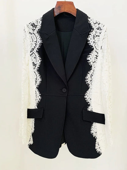Autumn New Women Tide Chic Elegant Fashion Single Button Patchwork Lace Contrast Color Waist Cinching Pocket Blazer  HK7609