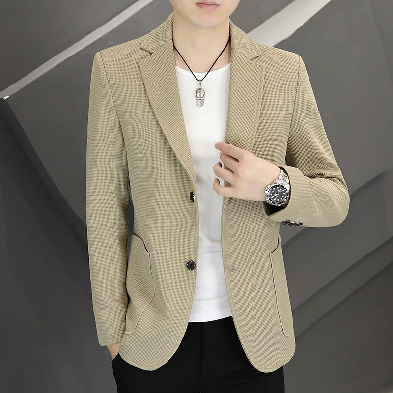 Men's Casual Blazer Two-Button Waffle Pattern for Spring Autumn