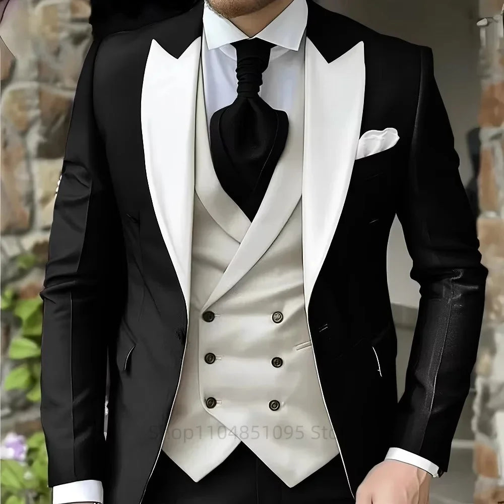 Costumes roses pour hommes Élégant smoking de marié à revers pointu Veste 3 pièces Gilet et pantalon Ensemble de costume formel pour hommes pour affaires et bal de promo