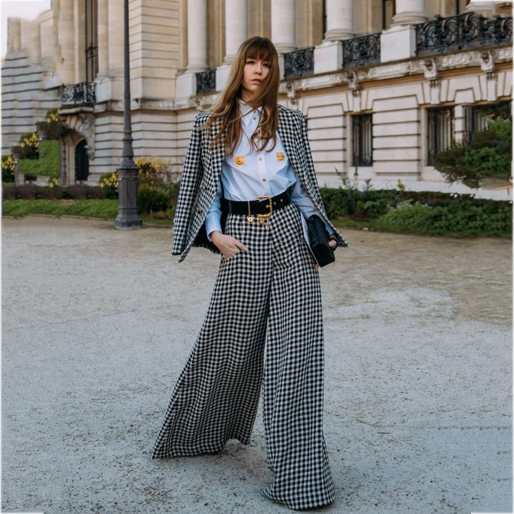 Women Black White Plaid Two Piece Suit Lapel Blazer Wide Leg Pants Loose Casual Elegant Office Business Formal Matching Outfit