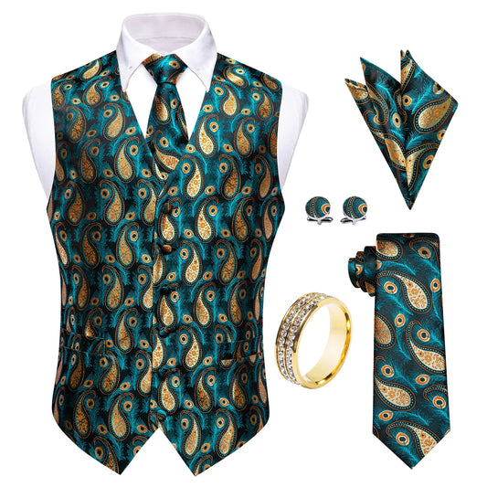 Men's Vest 5-Piece Set Teal Peacock Jacquard V-Neck Single Breasted for Stage Show & Gala