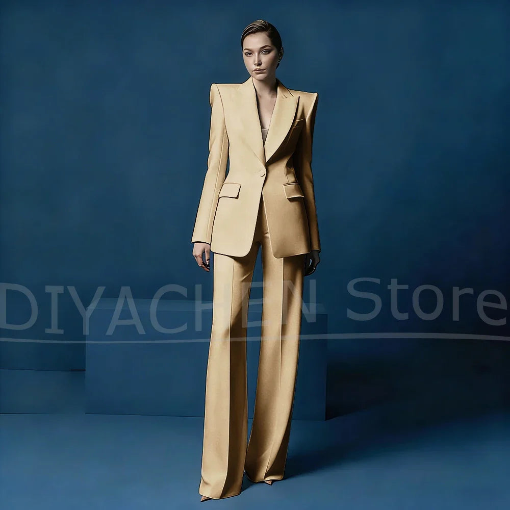 Women's Blazer and Wide-Leg Pants Suit Set Slim Fit One Button Jacket with Peak Lapel Elegant Formal Outfits for Office Party