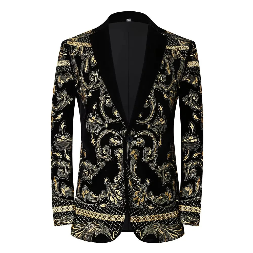 Men's Luxury Slim Black Velvet Embroidery Wedding Suit Jacket Fit Tuxedo Blazer Stylish Groom Banquet Singer Host Stage Clothing