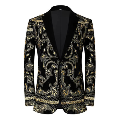 Men's Luxury Slim Black Velvet Embroidery Wedding Suit Jacket Fit Tuxedo Blazer Stylish Groom Banquet Singer Host Stage Clothing